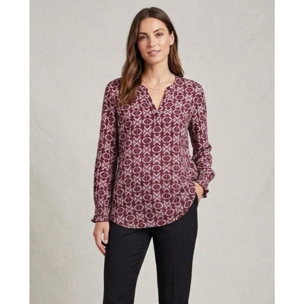 Eddie Bauer Blouse Womens Burgundy Maroon Geometric Print Top L
